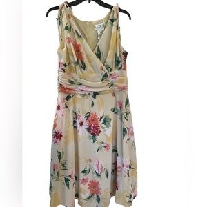 Vintage Chiffon floral butter yellow midi length garden party dress size 12